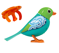 A green DigiBird with swirly blue wings and an orange whistle.