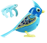 A blue DigiBird with a spikey tuft on it's head next to a light blue whistle.