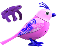A pink DigiBird with a funny-looking tuft on it's head next to a purple whistle.