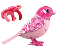 A pink DigiBird with flowers on it's wings next to a pink whistle.