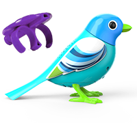 A blue DigiBird with green feet and a purple whistle.