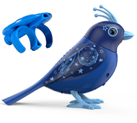A dark blue DigiBird with a cosmic pattern on it's wing next to a blue whistle.