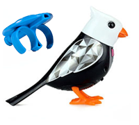 A DigiBird with a white head wearing a tuxedo next to a blue whistle.