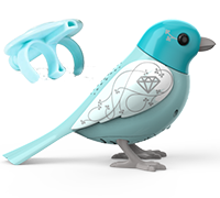 A teal blue and white DigiBird with a diamond on it's wing next to a light blue whistle.