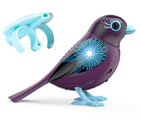 A plum-colored DigiBird with a blue firework on it's wing next to a light blue whistle.