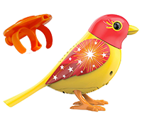 A red and yellow DigiBird with a bright spark printed on it's wing next to an orange whistle.