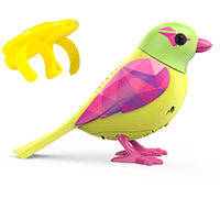 A pink,yellow, and green DigiBird with a yellow whistle.