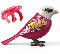 A red and white DigiBird with graffitti on it's wings next to a pink whistle.