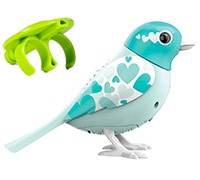 A teal DigiBird with hearts on it's wings next to a lime green whistle.