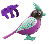 A dark purple DigiBird with intricate vines on it's wing next to a purple whistle.