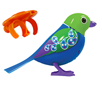 A blue and green DigiBird with an orange whistle.