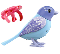 A lavender and blue DigiBird with a diamond on it's wing next to a pink whistle.