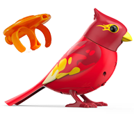 A red DigiBird with a tufted head with flames on it's wings next to an orangle whistle.