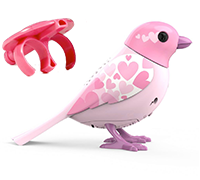 A light pink DigiBird with hearts on it's wing next to a pink whistle.