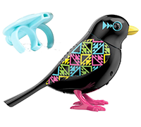 A black DigiBird with pink feet next to a light blue whistle.