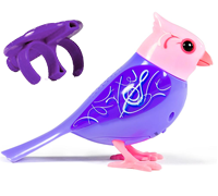 A purple and pink DigiBird with a tufted head next to a purple whistle.