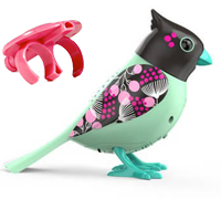 A minty green DigiBird with a black head next to a pink whistle.