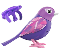 A purple DigiBird with feathers printed on it's wing next to a purple whistle.