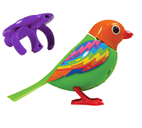 An orange and green Digibird with rainbow-colored wings and a purple whistle.
