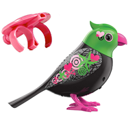 A dark DigiBird with a green head and pink feet next to a pink whistle.