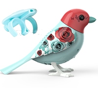 A light blue DigiBird with a red-colored head with roses on it's wing next to a light blue whistle.