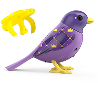 A dark purple DigiBird with little yellow crowns on it's wing next to a yellow whistle.