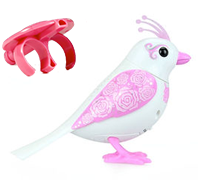 A white and pink DigiBird with flowers on it's wing next to a pink whistle.