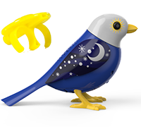 A blue and white DigiBird with a moon and stars on it's wing next to a yellow whistle.