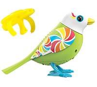 A green DigiBird with a white head next to a yellow whistle.