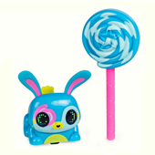A bright blue electronic bunny with a lollipop accessory.