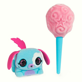 A cute little blue electronic dog with a cotton candy accessory.