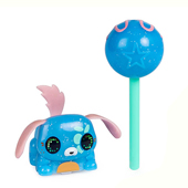 A blue and pink electronic puppy with a cake pop accessory.