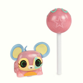 A cute blue electronic mouse with a cake pop accessory.