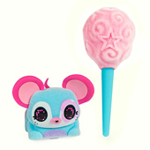 A cute little blue electronic mouse with a cotton candy accessory.