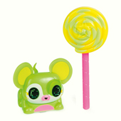 A bright green electronic mouse with a lollipop accessory.