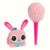 A pastel pink electronic bunny with a cotton candy accessory.