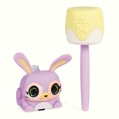A lavender colored electronic bunny with a marshmallow accessory.