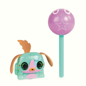 A little blue and pink electronic puppy with a cake pop accessory.