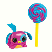 A bright pink electronic puppy with a lollipop accessory.