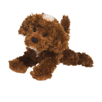 A frizzy brown plush dog laying down.