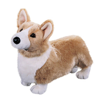 An alert plush dog with short legs and no tail.