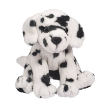 A black-spotted dog plush sitting down.