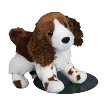 A spotty dog plush with fuzzy brown ears.