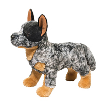 An alert dog plush with a large colored spot around it's eye.