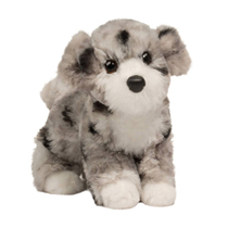 A very puffy spotted gray dog plush. 