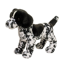 A speckled dog plush standing up.