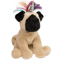 A plush pug with a rainbow main and unicorn horn.