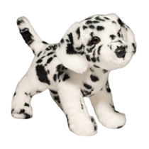 A white dog plush covered in black spots.