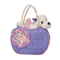 A white poodle with a pink tutu in a cute hand bag.