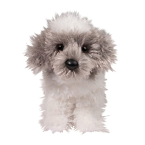 A fluffy little dog plush with a light grey and white coat.
